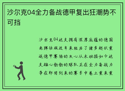 沙尔克04全力备战德甲复出狂潮势不可挡